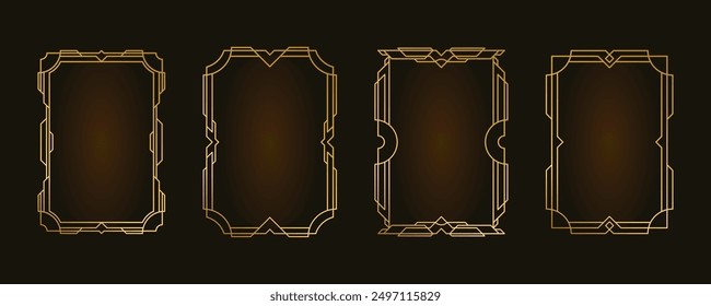 Retrofuturism frame set, engraved gold. Art deco vector frame template, stylized decorative frame a4 format with pattern. Blank bookplate template, isolated vector set. Place text, printable.