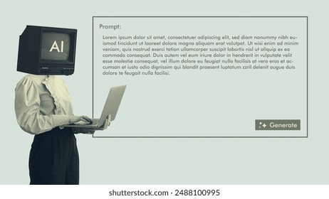 Retrofuturism generative AI template, user interface vector illustration mockup. Woman holding laptop with artificial head collage