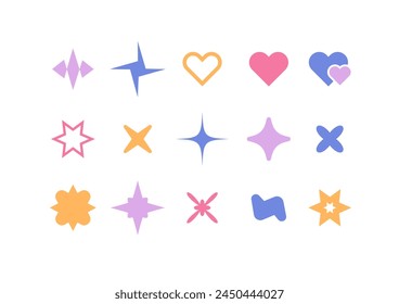 Retrofuturism graphics in y2k style. Abstract stars set, hearts, floral icons. Vector illustration. Geometry forms for modern designs. Simple elements, vintage symbols collection.