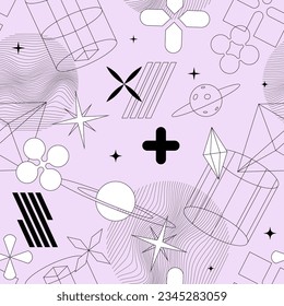 Retrofuturism pattern, seamless background with abstract geometric shapes. Futuristic retro minimalism, vector illustration