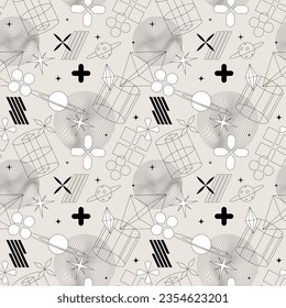 Retrofuturism pattern, seamless background with abstract geometric shapes. Futuristic retro minimalism, vector illustration