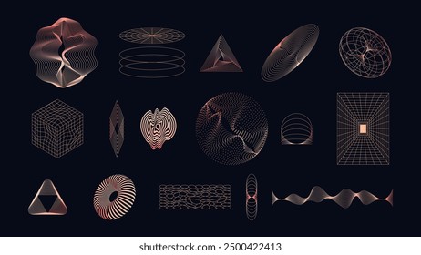 Retrofuturism peach fuzz 3D grid wireframe design elements isolated on black background. Abstract mesh pattern, vector illustration for posters, website, print.