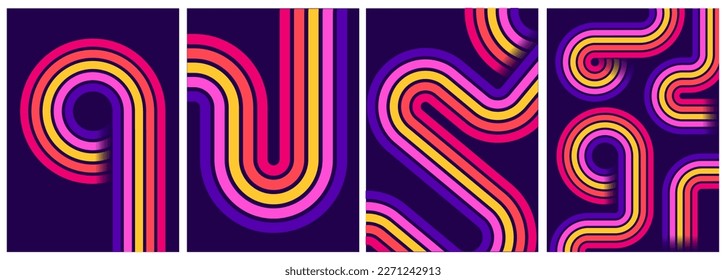 retrofuturism poster design in trend retro line style and neon colors on black dark background. modern art wall poster retro vintage 70s style stripes background template lines shapes vector design - Shutterstock ID 2271242913