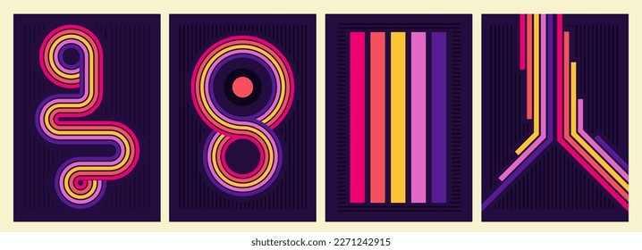 retrofuturism poster design in trend retro line style and neon colors on black dark background. modern art wall poster retro vintage 70s style stripes background template lines shapes vector design