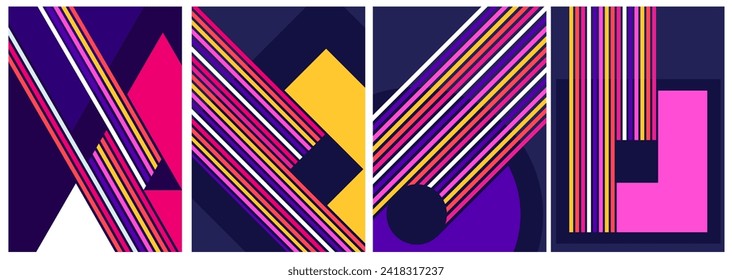 retrofuturism poster design in trend retro line style and neon colors on black dark background. modern art wall poster retro vintage 70s style stripes background template lines shapes vector design