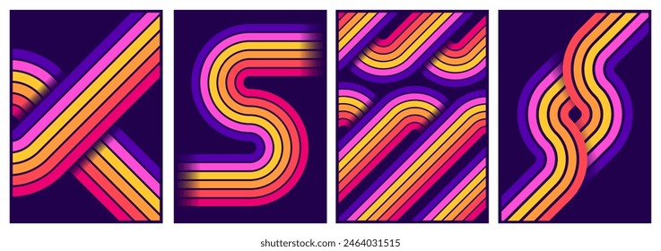 retrofuturism poster design in trend retro line style and neon colors on black dark background. modern art wall poster retro vintage 70s style stripes background template lines shapes vector design