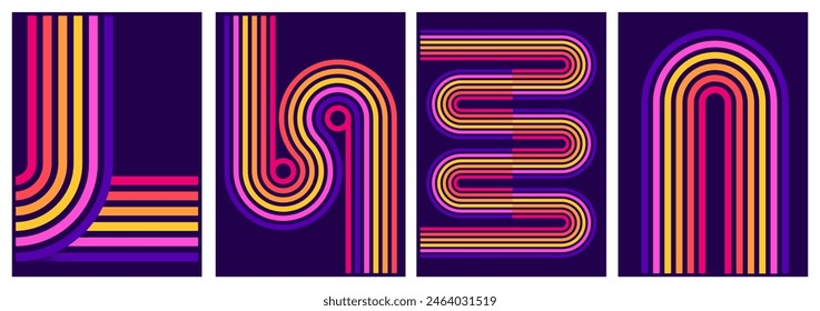 retrofuturism poster design in trend retro line style and neon colors on black dark background. modern art wall poster retro vintage 70s style stripes background template lines shapes vector design