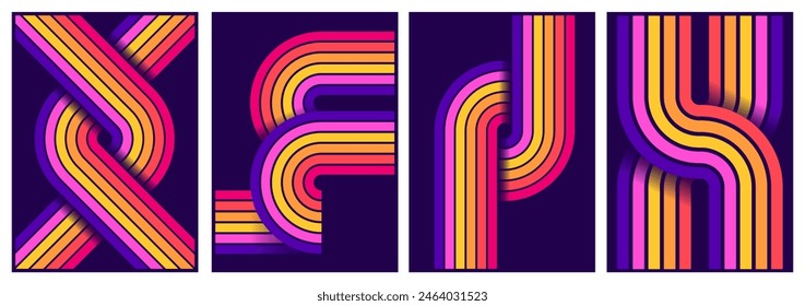 retrofuturism poster design in trend retro line style and neon colors on black dark background. modern art wall poster retro vintage 70s style stripes background template lines shapes vector design