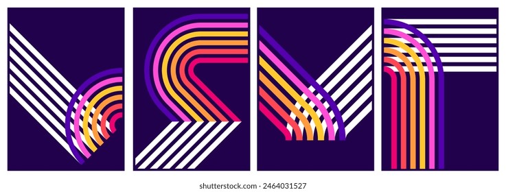 retrofuturism poster design in trend retro line style and neon colors on black dark background. modern art wall poster retro vintage 70s style stripes background template lines shapes vector design