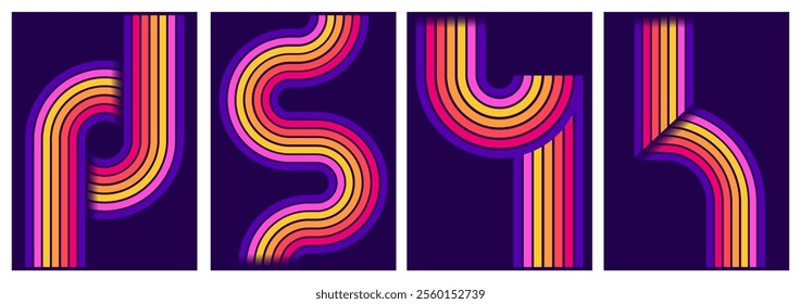 retrofuturism poster design in trend retro line style and neon colors on black dark background. modern art wall poster retro vintage 70s style stripes background template lines shapes vector design