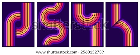 retrofuturism poster design in trend retro line style and neon colors on black dark background. modern art wall poster retro vintage 70s style stripes background template lines shapes vector design