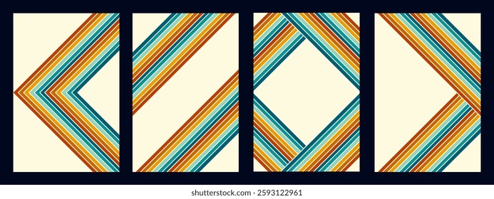 Retrofuturism poster design in trendy retro line style. Modern art poster retro vintage style 70s stripes background template lines shapes vector design.