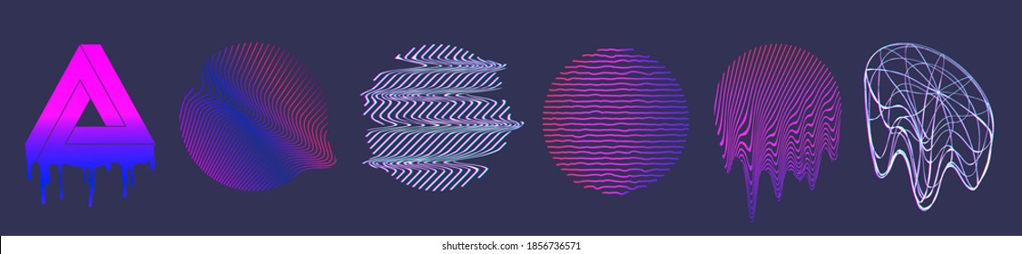 Retrofuturism shapes, circle and spheres elements with glitch and liquid effect. Abstract design forms, Illuminated holographic in 80s-90s. Vaporwave, synthwave. Trendy shapes. Vector collection