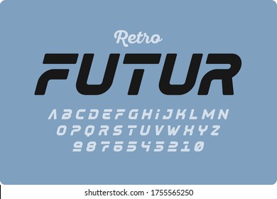 Retrofuturism style font design, alphabet letters and numbers vector illustration