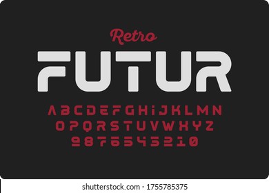 Retrofuturism style font design, alphabet letters and numbers vector illustration