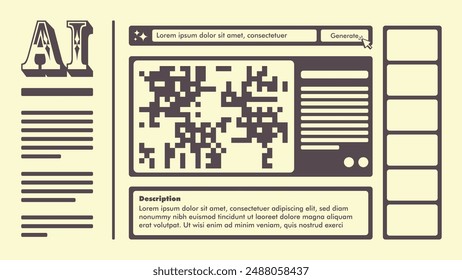 Interfaz de Sitio web de IA generativo estilo retrofuturismo. Maqueta de interfaz de usuario del App de escritorio de Antiguas artificial intelligence. Plantilla de Ilustración vectorial