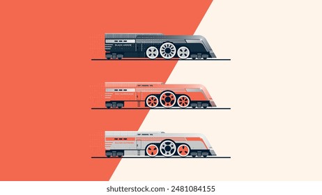 Retrofuturism style locomotive in three color options