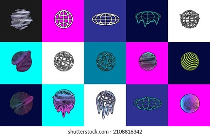 Retrofuturism and Vaporwave. Trendy geometric shapes in from 80s-90s. Old wave cyberpunk concept. 3D icons and singts with glitch and neon effect. Geometric shapes with effect of liquid. Vector set