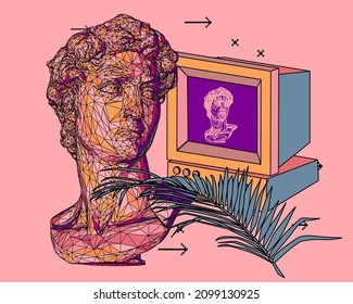 Retrofuturistic 3D illustration of a low poly sculpture, old computer and fern leaf. Vaporwave style aesthetics.