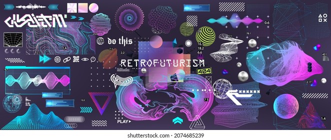 Retrofuturistic 3D trendy collection. Trendy elements in vaporwave style from 80s-90s. Old wave cyberpunk concept. Shapes design elements for disco genre, retro party. Neon glitch shapes. Vector set - Shutterstock ID 2074685239
