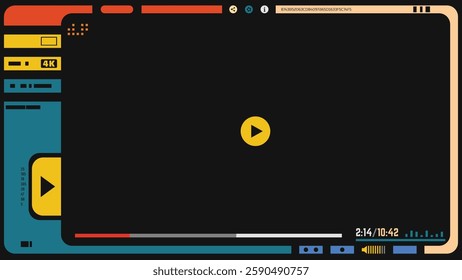 Retro-futuristic 80s sci-fi video player UI with color buttons, HUD elements, and a sleek control panel. For web, multimedia, and game design, featuring an empty screen, buttons and panels.
