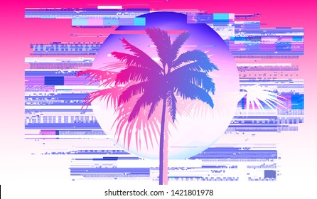 Retrofuturistic 80s-90s style illustration, Palm Tree on glitched noisy background. Vector template for music poster, t-shirt print or cover in synthwave/ vaporwave/ cyberpunk neon aesthtetics style.