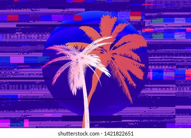 Retrofuturistic 80s-90s style illustration, Palm Tree on glitched noisy background. Vector template for music poster, t-shirt print or cover in synthwave/ vaporwave/ cyberpunk neon aesthtetics style.