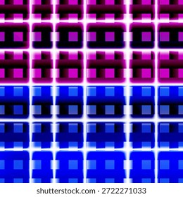 Un fondo abstracto retro-futurista inspirado en los colores. Cuenta con una cuadrícula superior magenta y púrpura en transición a un azul real profundo, acentuado por fugas de luz blanca y distorsión digital.