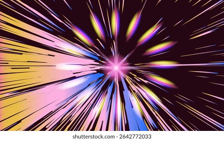 Retrofuturistic abstract illustration in modern vaporwave style: vibrant streaks of yellow, pink, blue radiate from a glowing magenta center, creating a sense of cosmic motion and intensity.