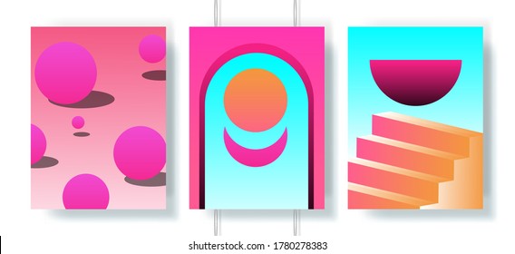 Retrofuturistic abstract posters with surreal geometric composition in neon acid colors. Vaporwave and synthwave style covers for music event.