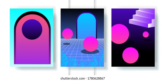 Retrofuturistic abstract posters with surreal geometric composition in neon acid colors. Vaporwave and synthwave style covers for music event.