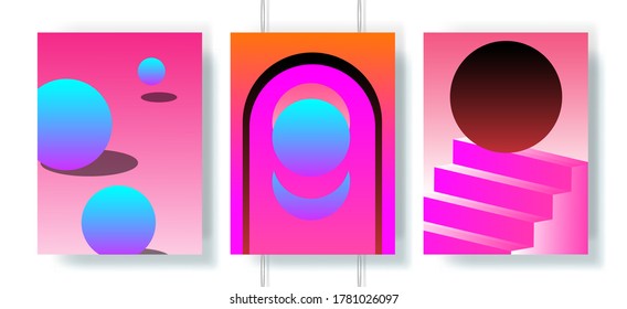 Retrofuturistic abstract posters with surreal geometric composition in neon acid colors. Vaporwave and synthwave style covers for music event.