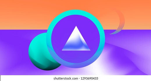 Retrofuturistic abstract vector background with geometric compostion, surreal landscape with planets. Retrowave neon 80s-90s aesthetics.