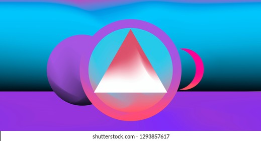 Retrofuturistic abstract vector background with geometric compostion, surreal landscape with planets. Retrowave neon 80s-90s aesthetics.