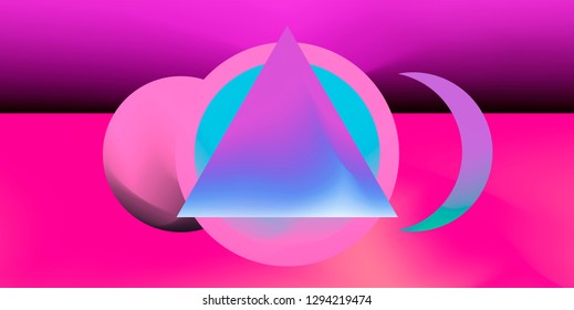 Retrofuturistic abstract vector background with geometric compostion, surreal landscape with planets. Retrowave/ synthwave neon 80s-90s aesthetics.