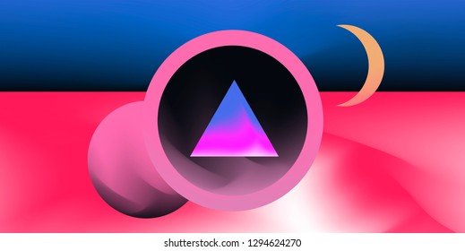 Retrofuturistic abstract vector background with geometric compostion, surreal landscape with planets. Vaporwave/ synthwave neon 80s-90s aesthetics.