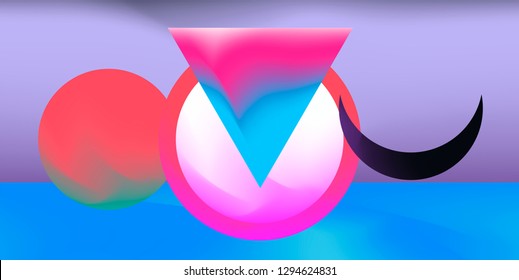Retrofuturistic abstract vector background with geometric compostion, surreal landscape with planets. Retrowave/ synthwave neon 80s-90s aesthetics.
