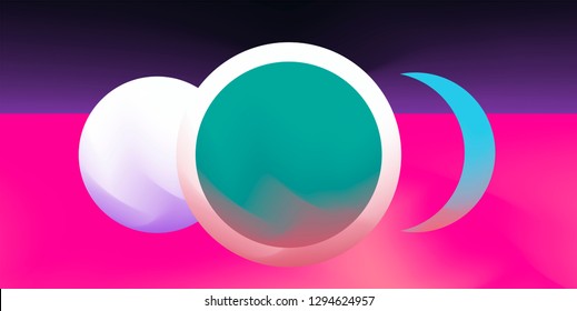 Retrofuturistic abstract vector background with geometric compostion, surreal landscape with planets. Retrowave neon 80s-90s aesthetics.