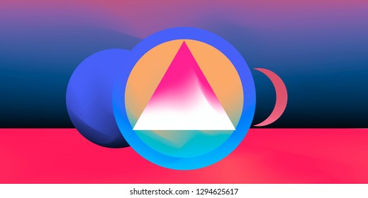 Retrofuturistic abstract vector background with geometric compostion, surreal landscape with planets. Retrowave/ synthwave neon 80s-90s aesthetics.