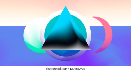 Retrofuturistic abstract vector background with geometric compostion, surreal landscape with planets. Retrowave/ synthwave neon 80s-90s aesthetics.