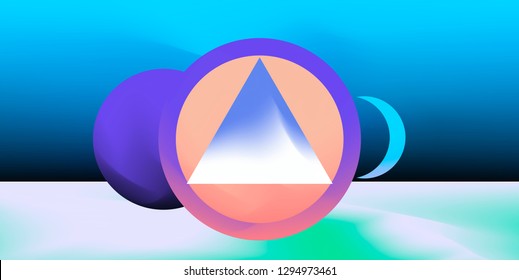 Retrofuturistic abstract vector background with geometric compostion, surreal landscape with planets. Retrowave/ synthwave neon 80s-90s aesthetics.