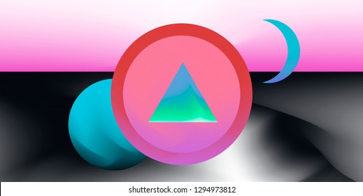 Retrofuturistic abstract vector background with geometric compostion, surreal landscape with planets. Retrowave/ synthwave neon 80s-90s aesthetics.