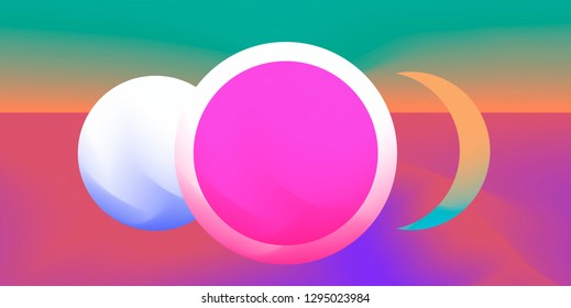 Retrofuturistic abstract vector background with geometric compostion, surreal landscape with planets. Retrowave/ synthwave neon 80s-90s aesthetics.