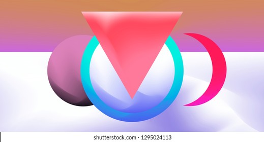 Retrofuturistic abstract vector background with geometric compostion, surreal landscape with planets. Retrowave/ synthwave neon 80s-90s aesthetics.