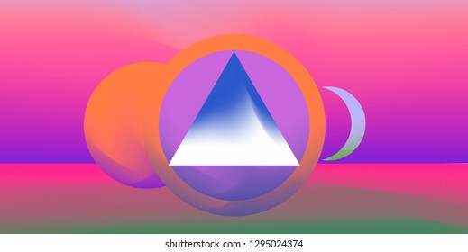 Retrofuturistic abstract vector background with geometric compostion, surreal landscape with planets. Retrowave/ synthwave neon 80s-90s aesthetics.
