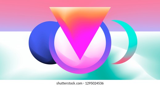 Retrofuturistic abstract vector background with geometric compostion, surreal landscape with planets. Retrowave/ synthwave neon 80s-90s aesthetics.