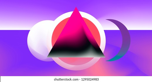 Retrofuturistic abstract vector background with geometric compostion, surreal landscape with planets. Retrowave neon 80s-90s aesthetics.