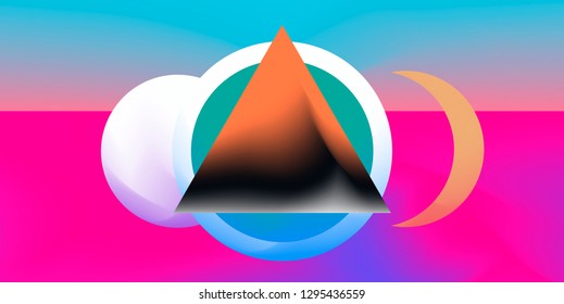 Retrofuturistic abstract vector background with geometric compostion, surreal landscape with planets. Retrowave/ synthwave neon 80s-90s aesthetics.