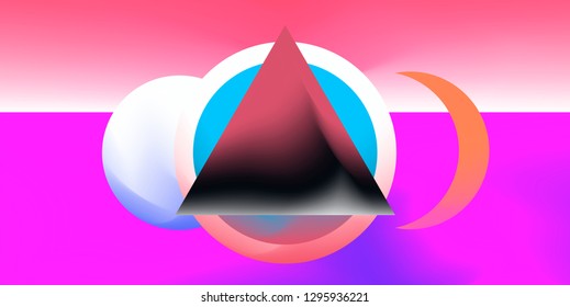Retrofuturistic abstract vector background with geometric compostion, surreal landscape with planets. Retrowave/ synthwave neon 80s-90s aesthetics.