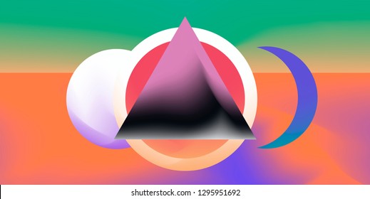 Retrofuturistic abstract vector background with geometric compostion, surreal landscape with planets. Retrowave/ synthwave neon 80s-90s aesthetics.
